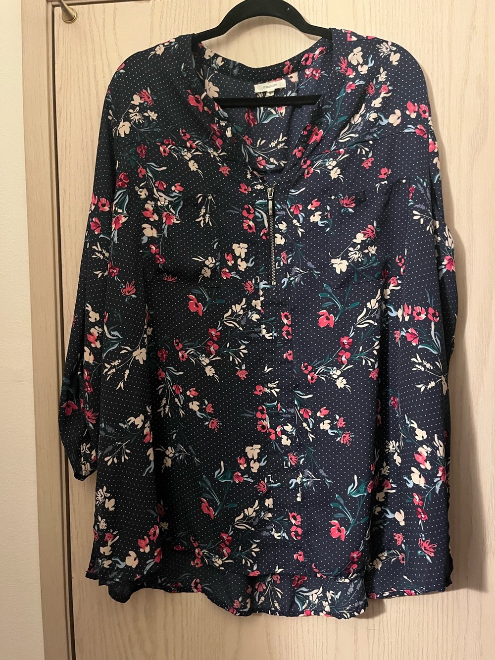 Maurices Navy Floral Zip-Front Blouse with Pink & White Accents